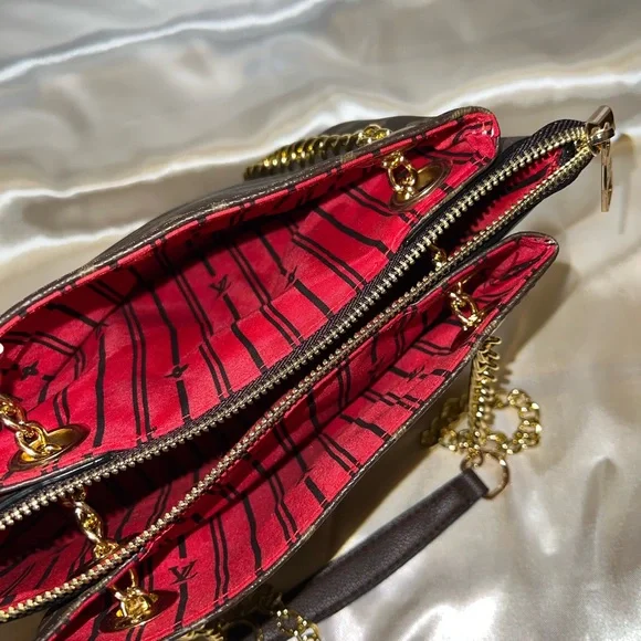 Brown Monogram Canvas Shoulder Bag with Gold Chain and Red Trim - Picture 3 of 3